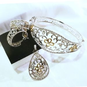 SET Diamond 14KT Gold 925 Bangle Earrings Pendant Floral Scrollwork Design
